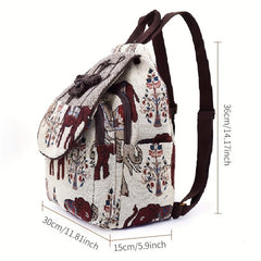 Elephant Pattern Fabric Backpack Ethnic Style Flap Bookbag