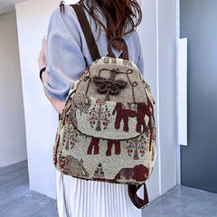 Elephant Pattern Fabric Backpack Ethnic Style Flap Bookbag