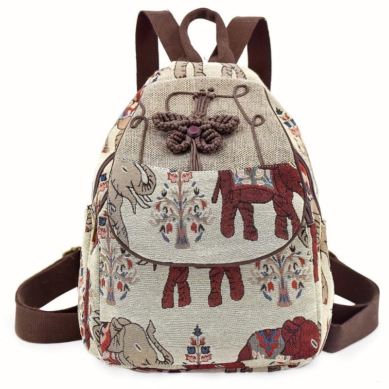 Elephant Pattern Fabric Backpack Ethnic Style Flap Bookbag