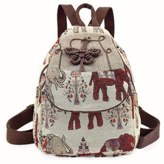Elephant Pattern Fabric Backpack Ethnic Style Flap Bookbag