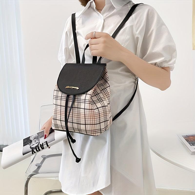Plaid Drawstring Backpack Anti-Theft PU Leather School Bag