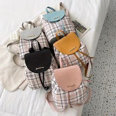 Plaid Drawstring Backpack Anti-Theft PU Leather School Bag