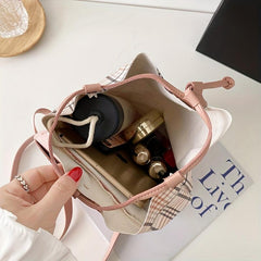 Plaid Drawstring Backpack Anti-Theft PU Leather School Bag