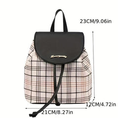 Plaid Drawstring Backpack Anti-Theft PU Leather School Bag