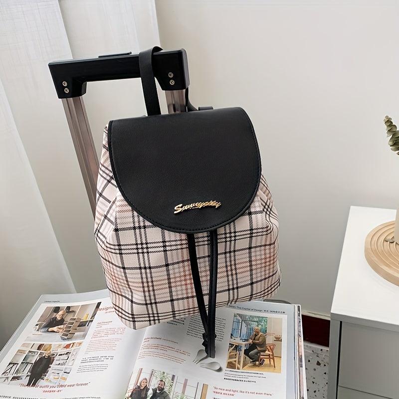 Plaid Drawstring Backpack Anti-Theft PU Leather School Bag
