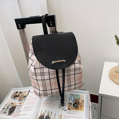 Plaid Drawstring Backpack Anti-Theft PU Leather School Bag