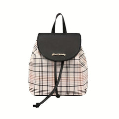 Plaid Drawstring Backpack Anti-Theft PU Leather School Bag