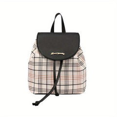 Plaid Drawstring Backpack Anti-Theft PU Leather School Bag