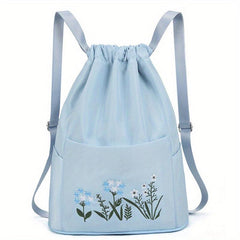 Flower Embroidered Drawstring Backpack Solid Travel Storage Bag