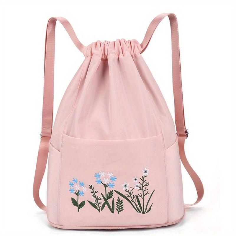 Flower Embroidered Drawstring Backpack Solid Travel Storage Bag