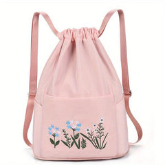 Flower Embroidered Drawstring Backpack Solid Travel Storage Bag