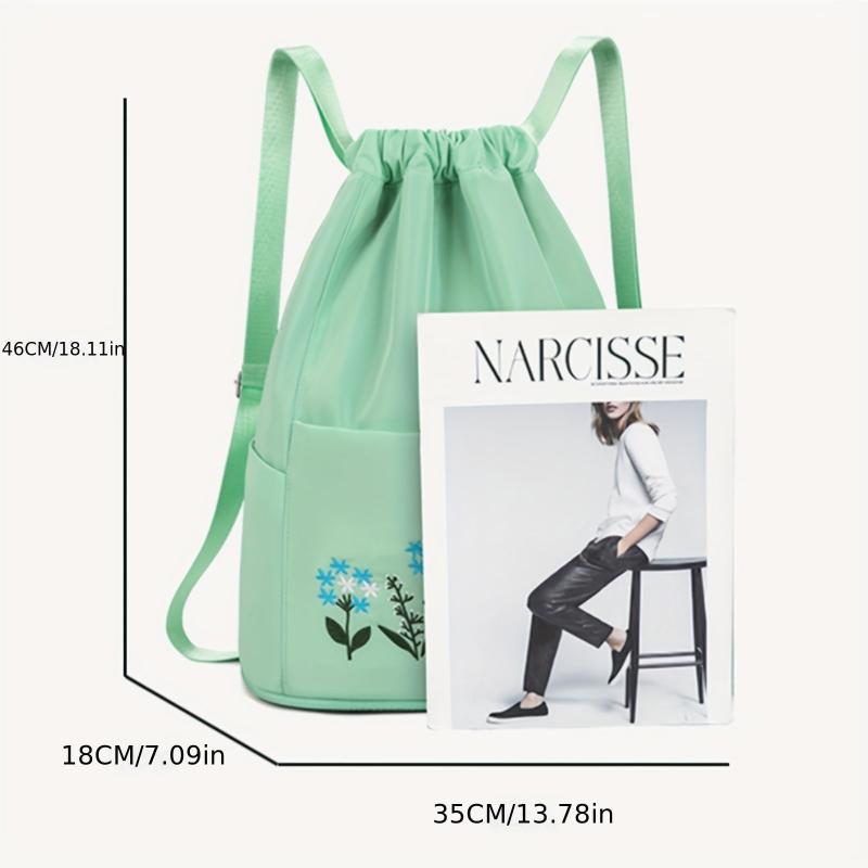Flower Embroidered Drawstring Backpack Solid Travel Storage Bag