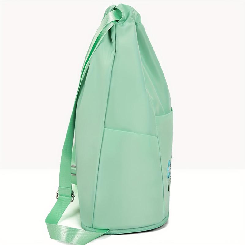 Flower Embroidered Drawstring Backpack Solid Travel Storage Bag