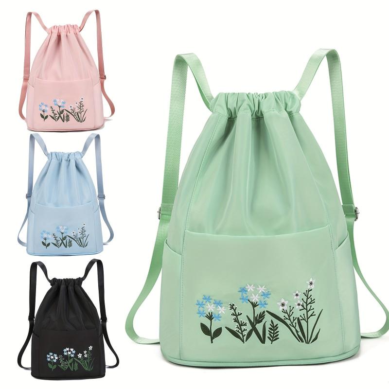 Flower Embroidered Drawstring Backpack Solid Travel Storage Bag