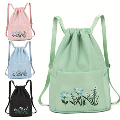 Flower Embroidered Drawstring Backpack Solid Travel Storage Bag