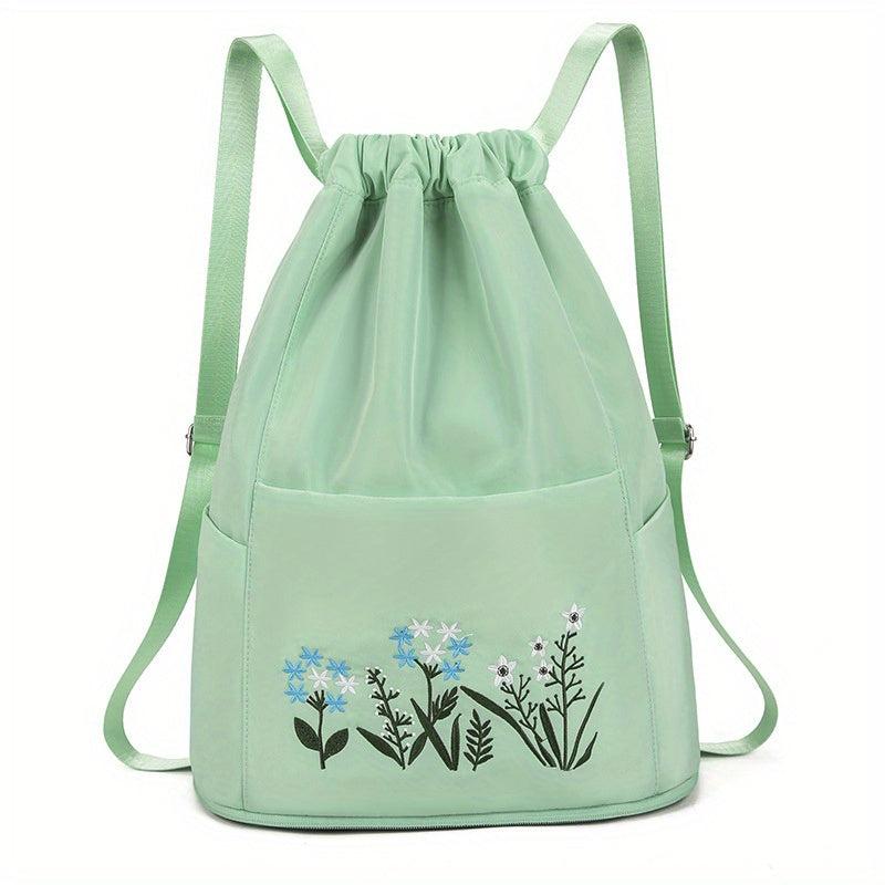 Flower Embroidered Drawstring Backpack Solid Travel Storage Bag