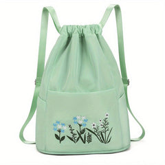 Flower Embroidered Drawstring Backpack Solid Travel Storage Bag