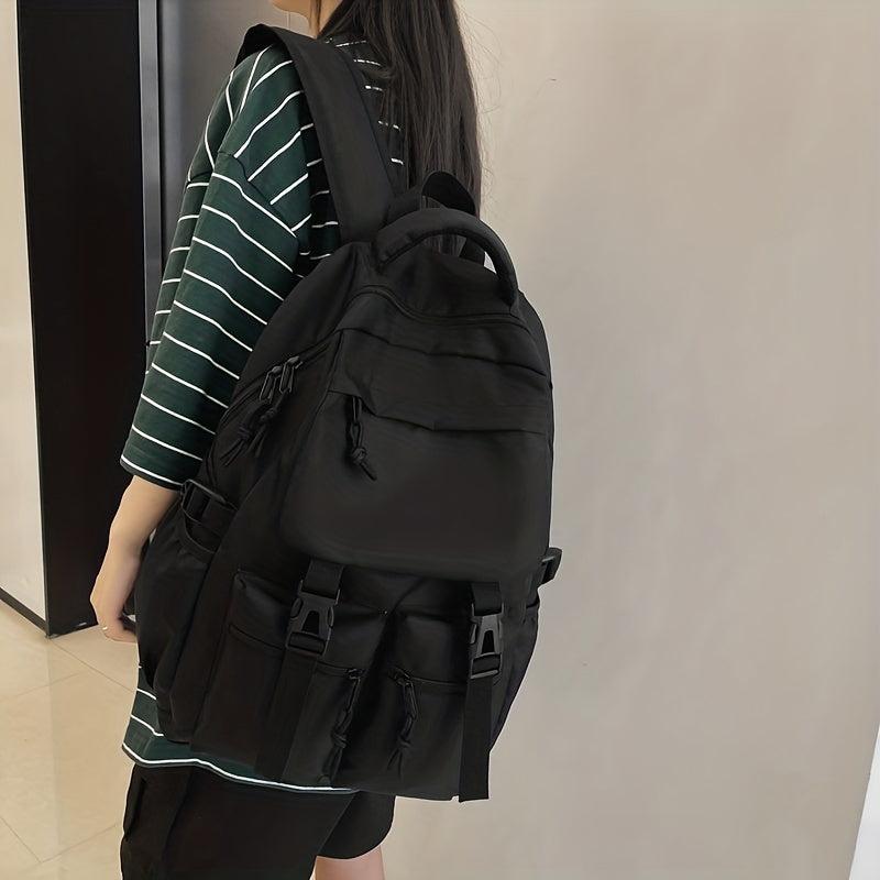 Large Capacity Nylon Flap Backpack Pocket Front Schoolbag