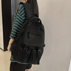 Large Capacity Nylon Flap Backpack Pocket Front Schoolbag