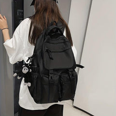 Large Capacity Nylon Flap Backpack Pocket Front Schoolbag