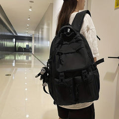 Large Capacity Nylon Flap Backpack Pocket Front Schoolbag