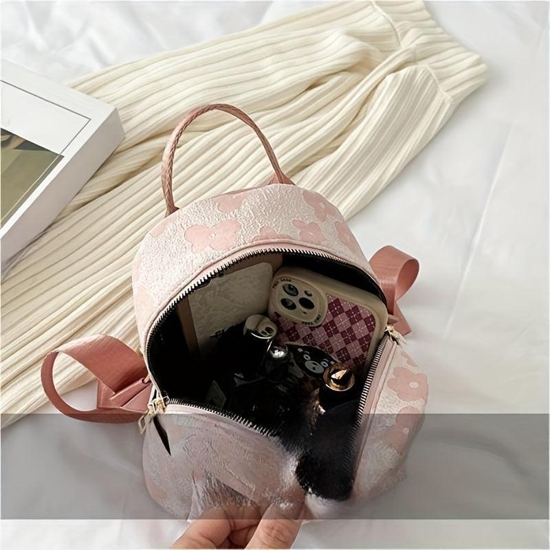Mini Flower Jacquard Backpack Canvas School Bag Women's Sweet Daypack