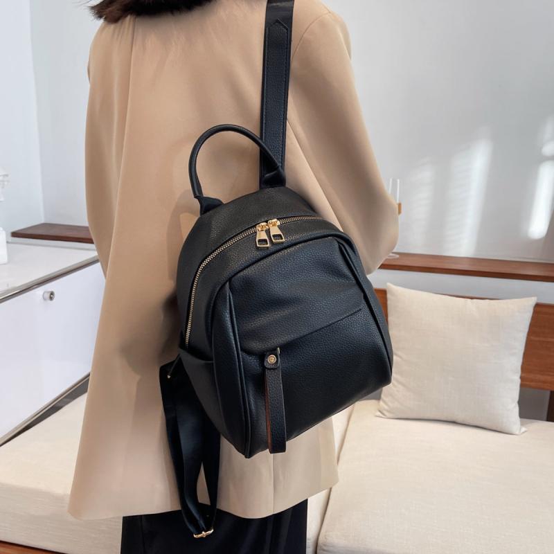 Textured Faux Leather Backpack Women's Double Zipper School Bag