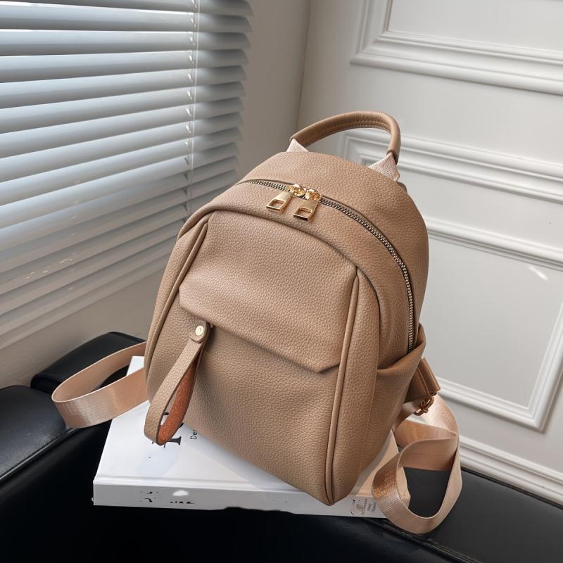 Textured Faux Leather Backpack Women's Double Zipper School Bag