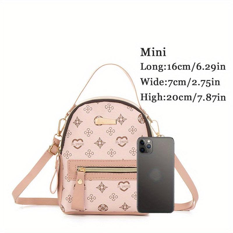 Mini Printed Backpack For Women Faux Leather Purse Pink Bag