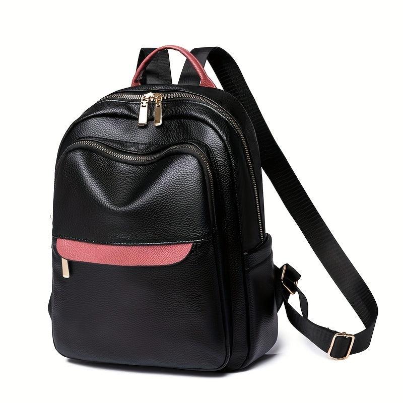 Contrast Backpack PU Leather Daypack Women's Daily Travel Schoolbag