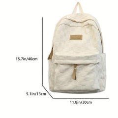 Casual Corduroy Plaid Pattern Backpack Solid Zipper Rucksack
