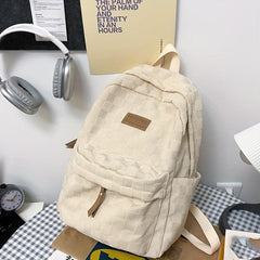 Casual Corduroy Plaid Pattern Backpack Solid Zipper Rucksack