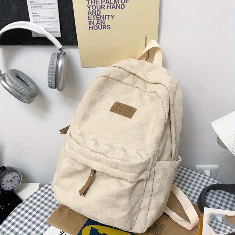 Casual Corduroy Plaid Pattern Backpack Solid Zipper Rucksack
