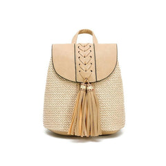 Straw Drawstring Backpack Tassel Decor Beach Handbag 7.08 x 7.87 x 5.5 Inch