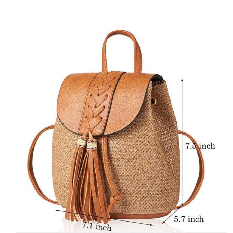 Straw Drawstring Backpack Tassel Decor Beach Handbag 7.08 x 7.87 x 5.5 Inch