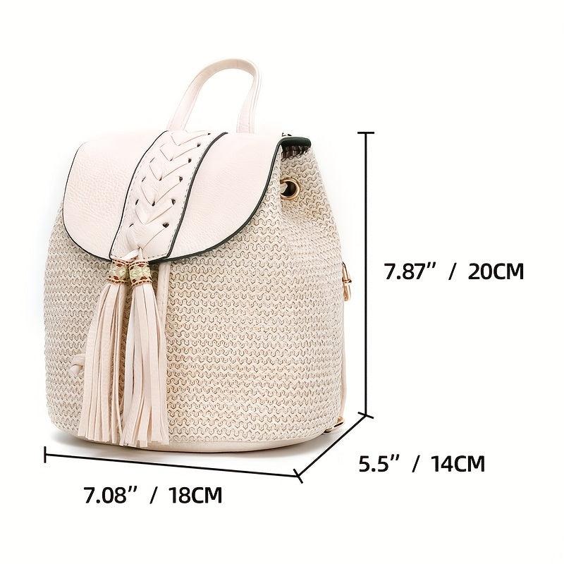 Straw Drawstring Backpack Tassel Decor Beach Handbag 7.08 x 7.87 x 5.5 Inch