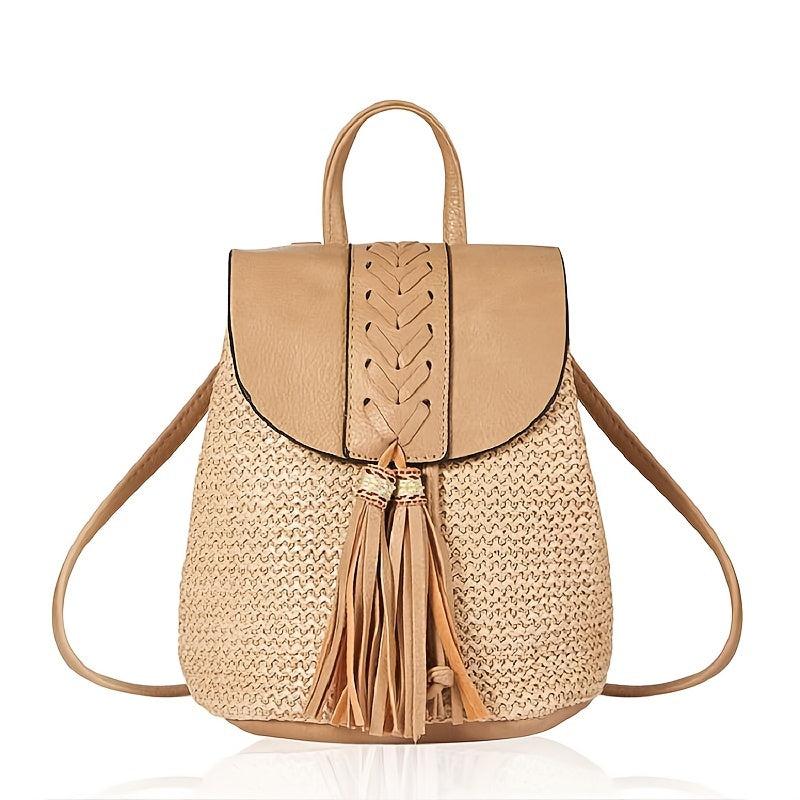 Straw Drawstring Backpack Tassel Decor Beach Handbag 7.08 x 7.87 x 5.5 Inch