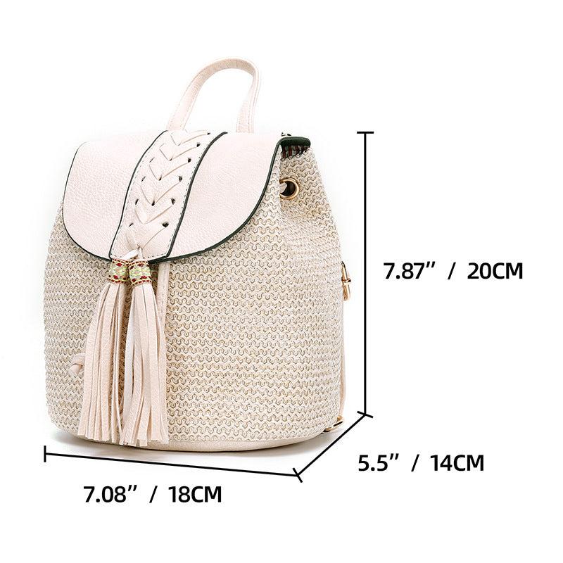 Straw Drawstring Backpack Tassel Decor Beach Handbag 7.08 x 7.87 x 5.5 Inch