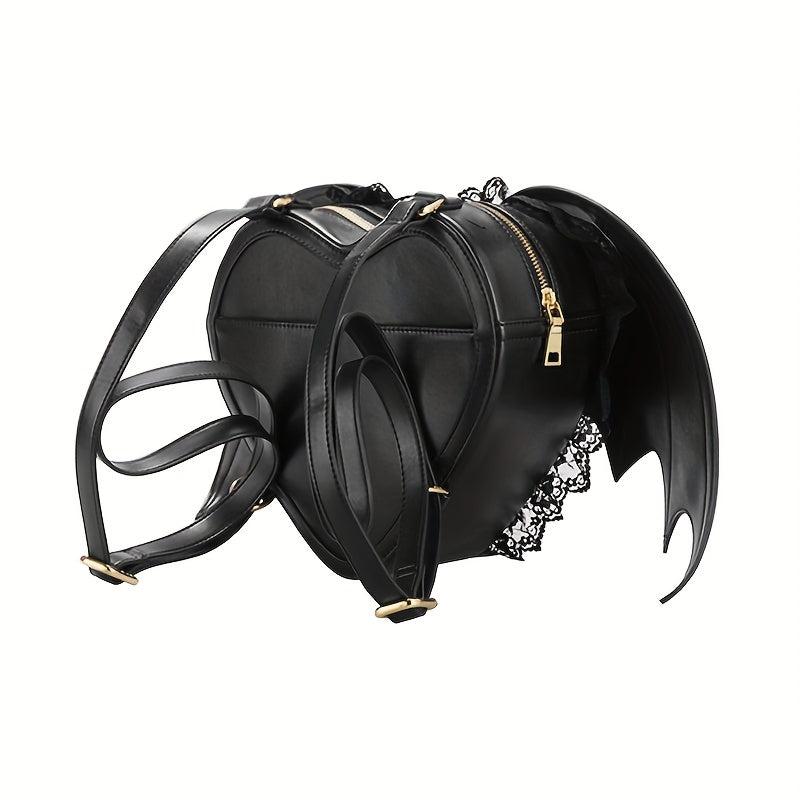 Bat Wings Decor Backpack Halloween Gothic Love Shaped Rucksack