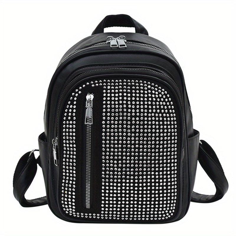 Rhinestone Decor Backpack PU Leather Daypack Double Shoulder Strap