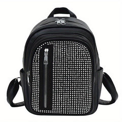 Rhinestone Decor Backpack PU Leather Daypack Double Shoulder Strap