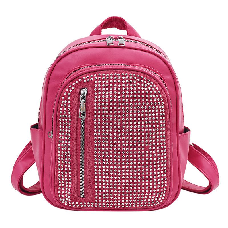 Rhinestone Decor Backpack PU Leather Daypack Double Shoulder Strap