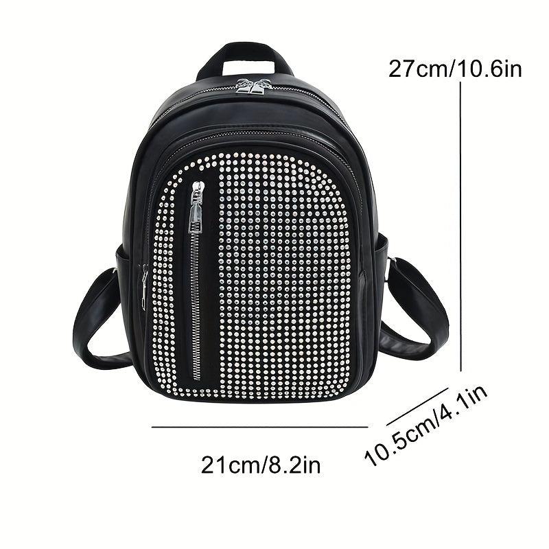 Rhinestone Decor Backpack PU Leather Daypack Double Shoulder Strap