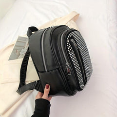 Rhinestone Decor Backpack PU Leather Daypack Double Shoulder Strap
