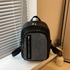 Rhinestone Decor Backpack PU Leather Daypack Double Shoulder Strap