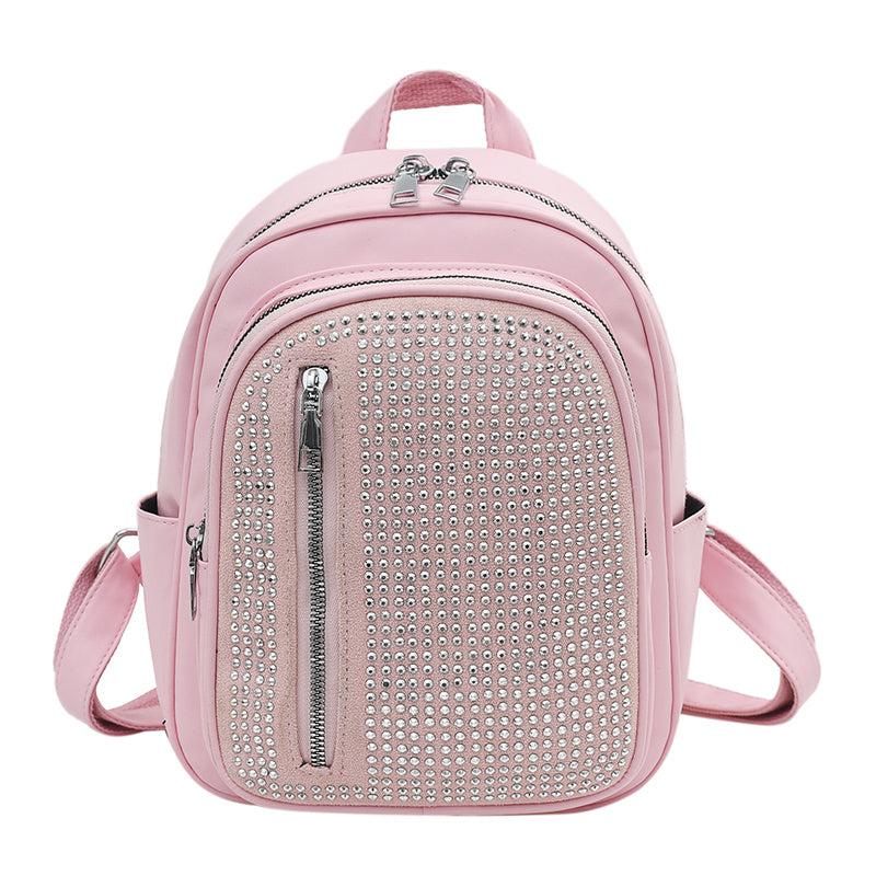 Rhinestone Decor Backpack PU Leather Daypack Double Shoulder Strap