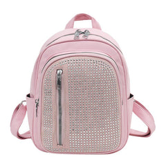 Rhinestone Decor Backpack PU Leather Daypack Double Shoulder Strap