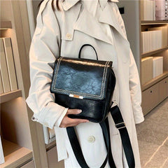 Vintage Stitching Flap Backpack Small Student School Bag Faux Leather Daypack