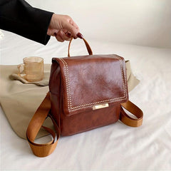 Vintage Stitching Flap Backpack Small Student School Bag Faux Leather Daypack