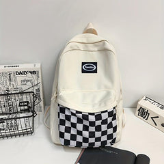 Checkerboard Pattern School Bag Large Capacity Zipper Backpack